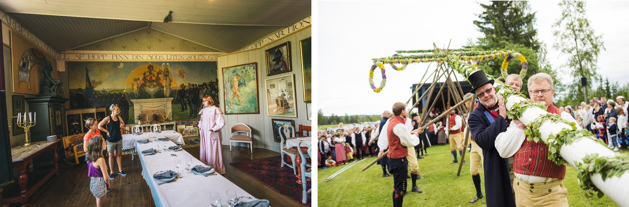 Collage van het huis van Carl Larsson en een meipaal die gehesen wordt door mannen in klederdracht.