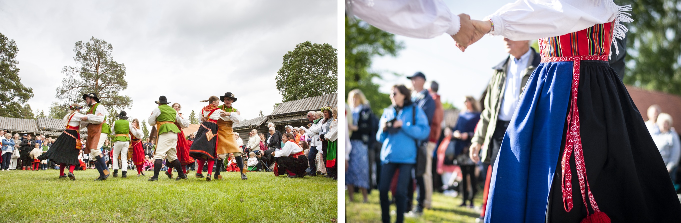 Folk som danser rundt midtsommerstangen.