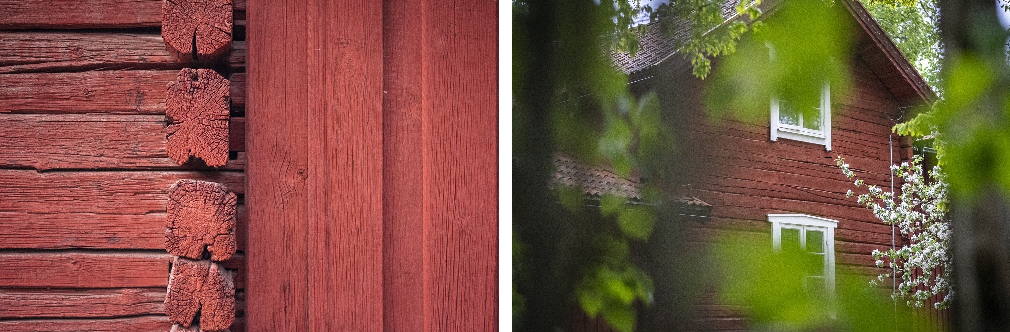 Collage van een falurode muur en een rood huis omringd door struiken.