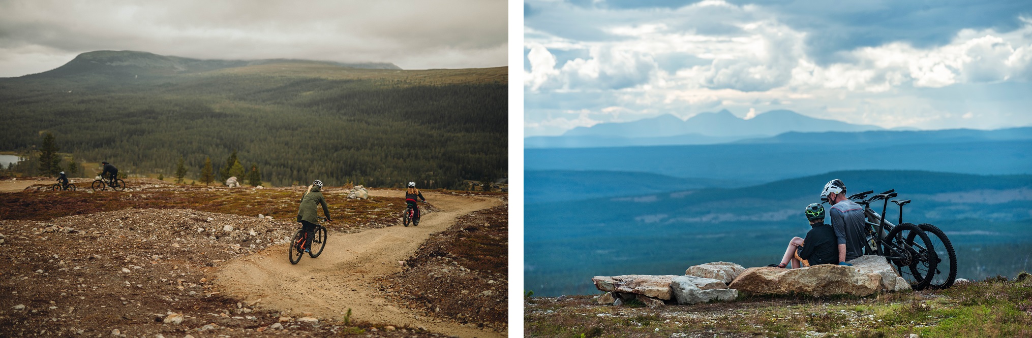 Collage van fietsende gezinnen in een bergachtig landschap in Idre Fjäll.