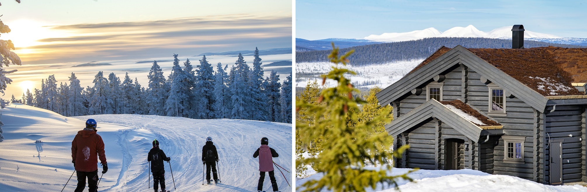 Fotocollage af skiløbere og hytter.