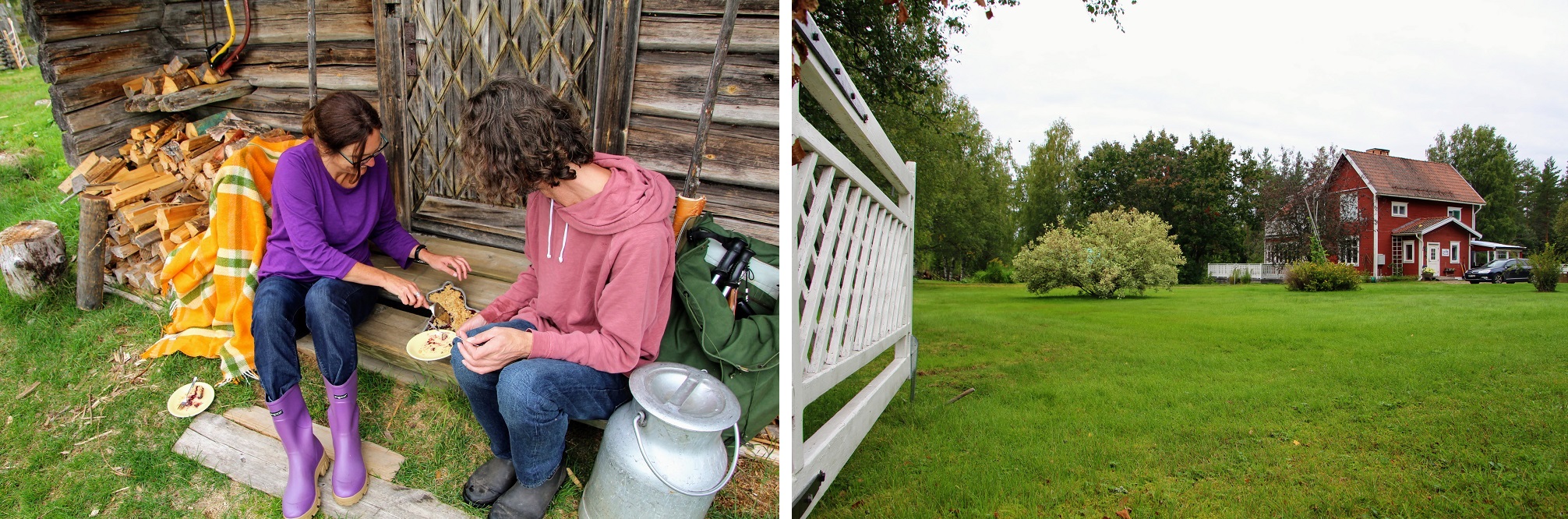 Collage met een stel dat taart eet en een vrijstaand huis met een tuin.