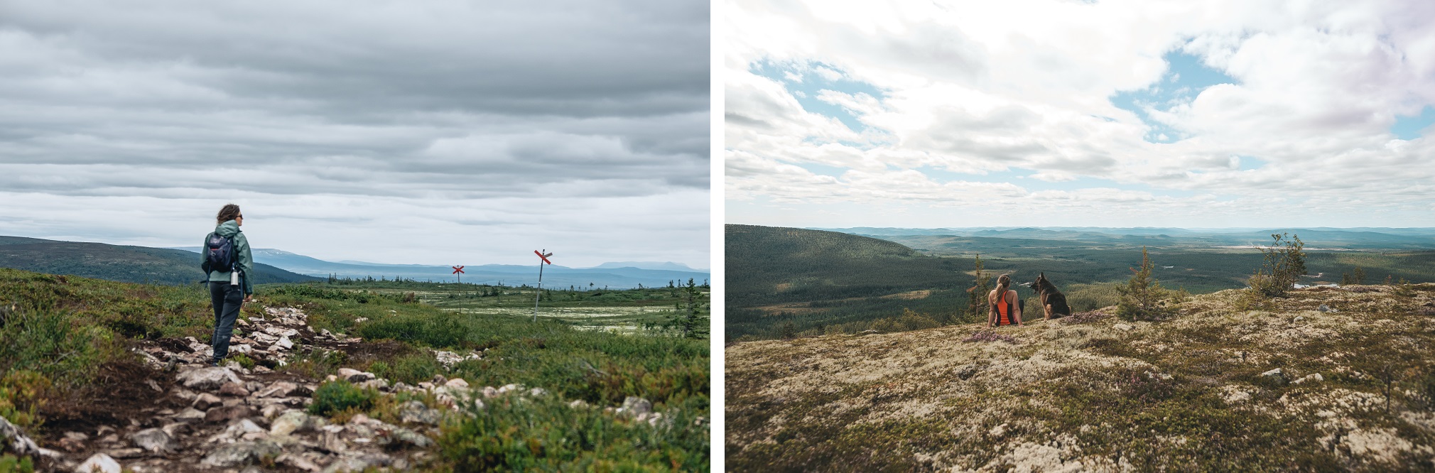 Collage van personen in een bergachtig landschap.