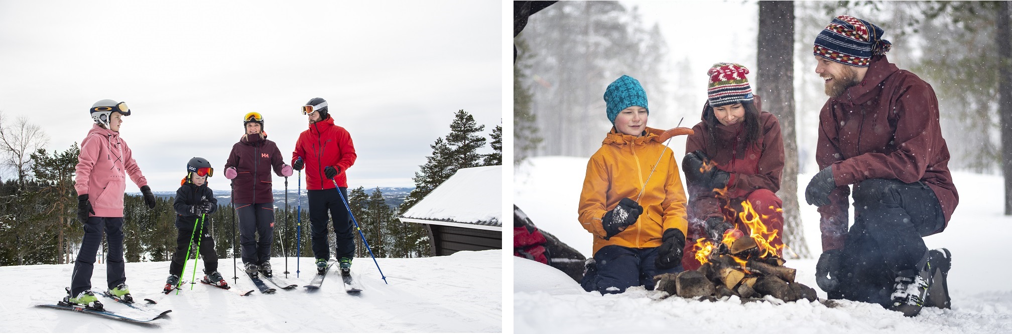 Bildcollage mit Eine Familie mit Skiern auf der Piste und Eine Familie am Feuer im Schnee mit Grillwurst..
