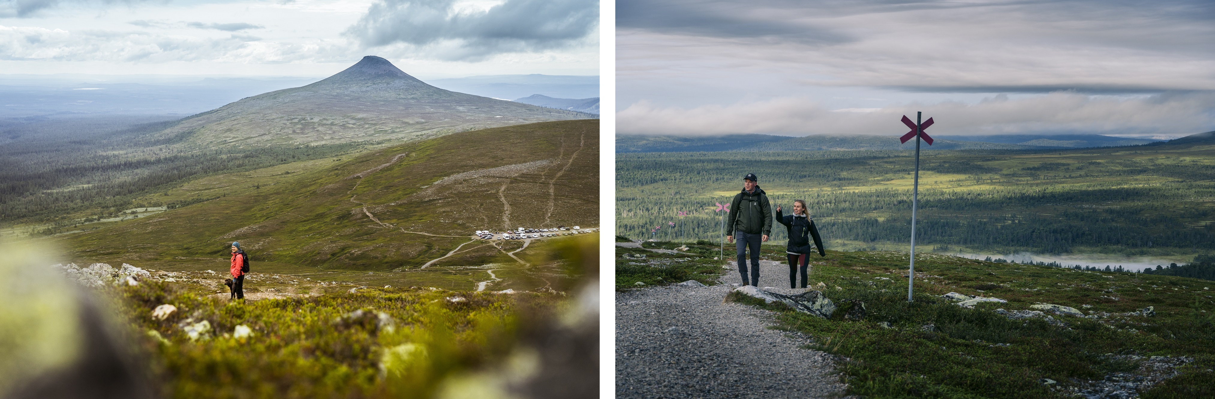 Eine Collage mit Wandrer och Wandrerin in den Bergen.