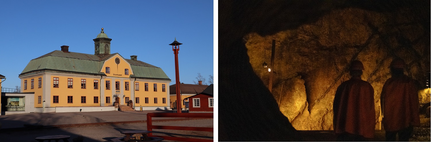 Bildekollasje ved gruvemuseet og gruven under jorden.