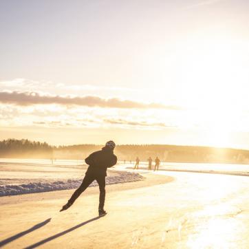 Een schaatser op een geveegde baan in het zonlicht.