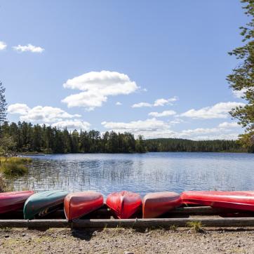 Meerdere kano's liggen omgekeerd bij een meer.